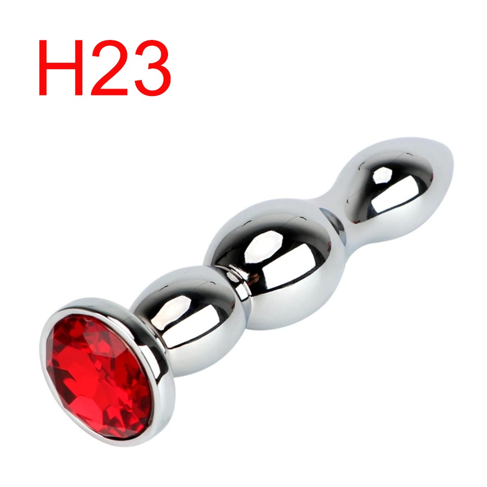 Steel Anal Plug with Red Jewel, Beaded, 14 cm
